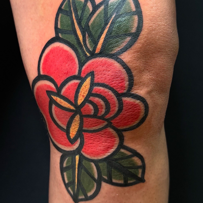 BOLD Rose | SOLORAISE traditional flower logo as tattoo, in side Knee area. — tattoo by Xava Maldonado, Cayey, PR