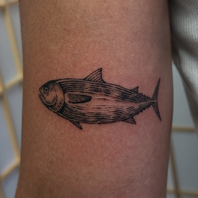 fish 🐟 
#engraving #woodcut #woodcuttattoo #losangelestattoo #losangelestattooa… — tattoo by Mateo Pardo, Los Angeles, California