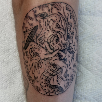 cherub and sea monster 🌊 
#engraving #woodcut #woodcuttattoo #losangelestattoo … — tattoo by Mateo Pardo, Los Angeles, California