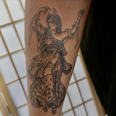 Nyx, goddess of night 🌙 
#engraving #woodcut #woodcuttattoo #losangelestattoo #… — tattoo by Mateo Pardo, Los Angeles, California