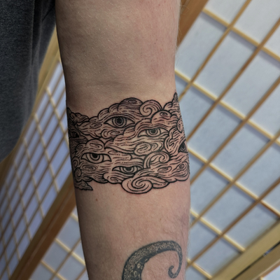 wood clouds with eyes ☁️ 👁️ 

#engraving #woodcut #woodcuttattoo #losangelestat… — tattoo by Mateo Pardo, Los Angeles, California