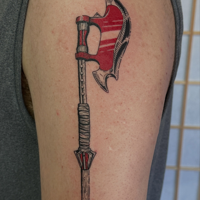 buffy the vampire slayer’s axe🪓 
#engraving #woodcut #woodcuttattoo #losangeles… — tattoo by Mateo Pardo, Los Angeles, California