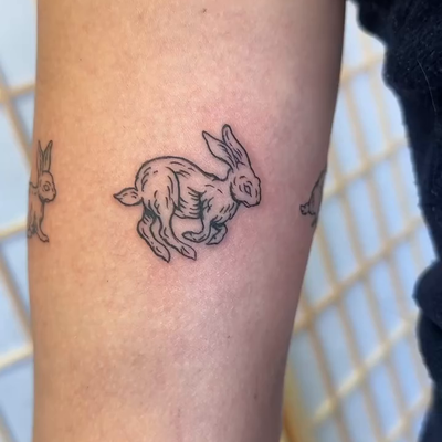 rabbit armband 🐇 
#engraving #woodcut #woodcuttattoo #losangelestattoo #losange… — tattoo by Mateo Pardo, Los Angeles, California