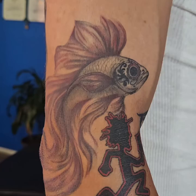 Dia de Los Muertos Betta fish — tattoo by Matt McGinnis, Tempe, AZ