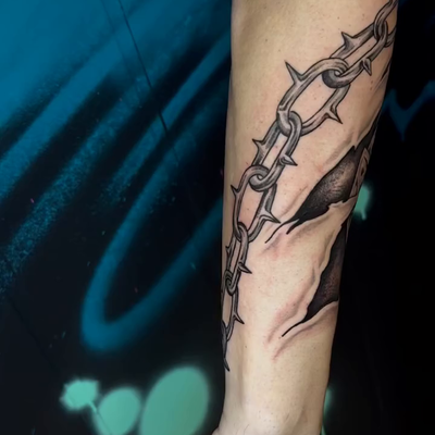 Skin rip design with a cross and chains. This one carried significant meaning to… — tattoo by Anthony Kessinger, Front Royal, Virginia