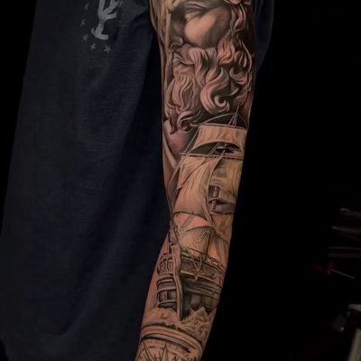 Definitely having a blast working on this black and grey sleeve! — tattoo by Anthony Kessinger, Front Royal, Virginia