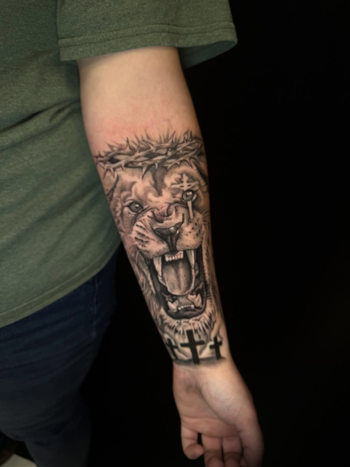 Loved bringing this black & grey lion to life. From the crown of thorns to the c… — tattoo by Anthony Kessinger, Front Royal, Virginia