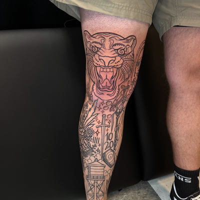 A little bit of everything, all in one 

Clean bold outlines, this leg is coming… — tattoo by Anthony Kessinger, Front Royal, Virginia