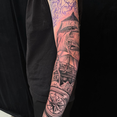 Full day session to start a black and grey nautical sleeve looking forward to fi… — tattoo by Anthony Kessinger, Front Royal, Virginia