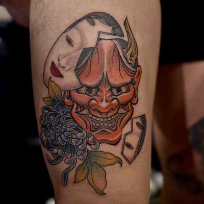 -Hannya, Omote mask w/ chrysanthemum-

@longbeachtattooartsfestival Tattoo of th… — tattoo by Shino Nakamoto, Los Angeles, California