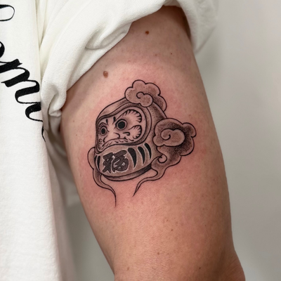 - “Daruma” w/Black and grey tattoo -

And second pic w/ “神“ healing a week
Thank… — tattoo by Shino Nakamoto, Los Angeles, California