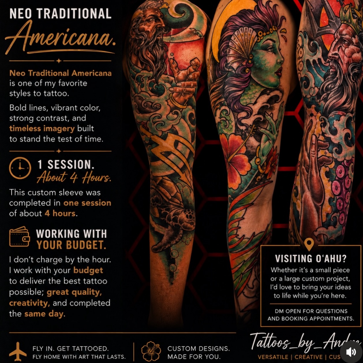 Andre specializes in traditional American tattooing—bold lines, timeless designs… — tattoo by Adam Khampong, Honolulu, Hawaii