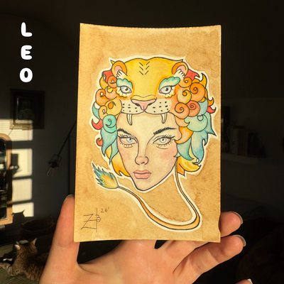 Leo flash tattoo 🦁✨ watercolor & ink 

#leo #tattoo — tattoo by Zoe Blackman, Providence, Rhode Island