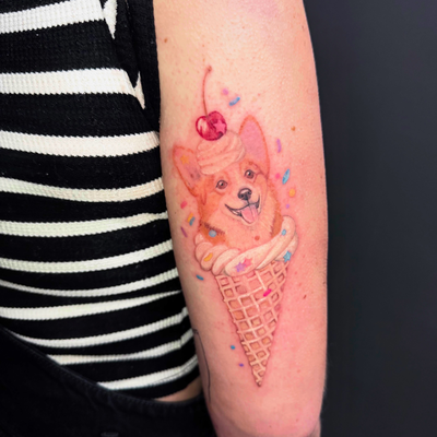 Corgi pup cup ! This was such a fun tattoo 🐶🍦💗

@tattoosnob #corgitattoo #col… — tattoo by Zoe Blackman, Providence, Rhode Island