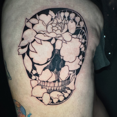 Phase 1 complete - got all the black work in for this skull floral project ! Can… — tattoo by Zoe Blackman, Providence, Rhode Island