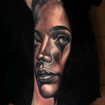 #portraitattoo “fresh vs healed tattoo “ done, you can see the true gradation of… — tattoo by marvel xavier, Stanton, California
