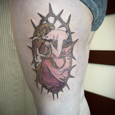 Mucha art nouveau woman. color side of leg Done at Pretty Things PVD
For consult… — tattoo by Corinne Clapper, Providence, Rhode Island