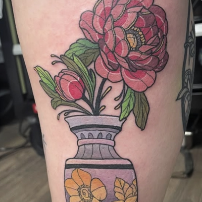 color neo traditional flower and broken vase. 
Done at Pretty Things PVD
for con… — tattoo by Corinne Clapper, Providence, Rhode Island