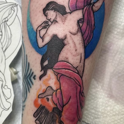 witch dancing with fire. color on leg Done at Pretty Things PVD
For consultation… — tattoo by Corinne Clapper, Providence, Rhode Island