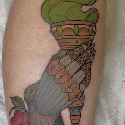 Torch and gauntlet. neo traditional color on the leg
Done at Pretty Things PVD
F… — tattoo by Corinne Clapper, Providence, Rhode Island