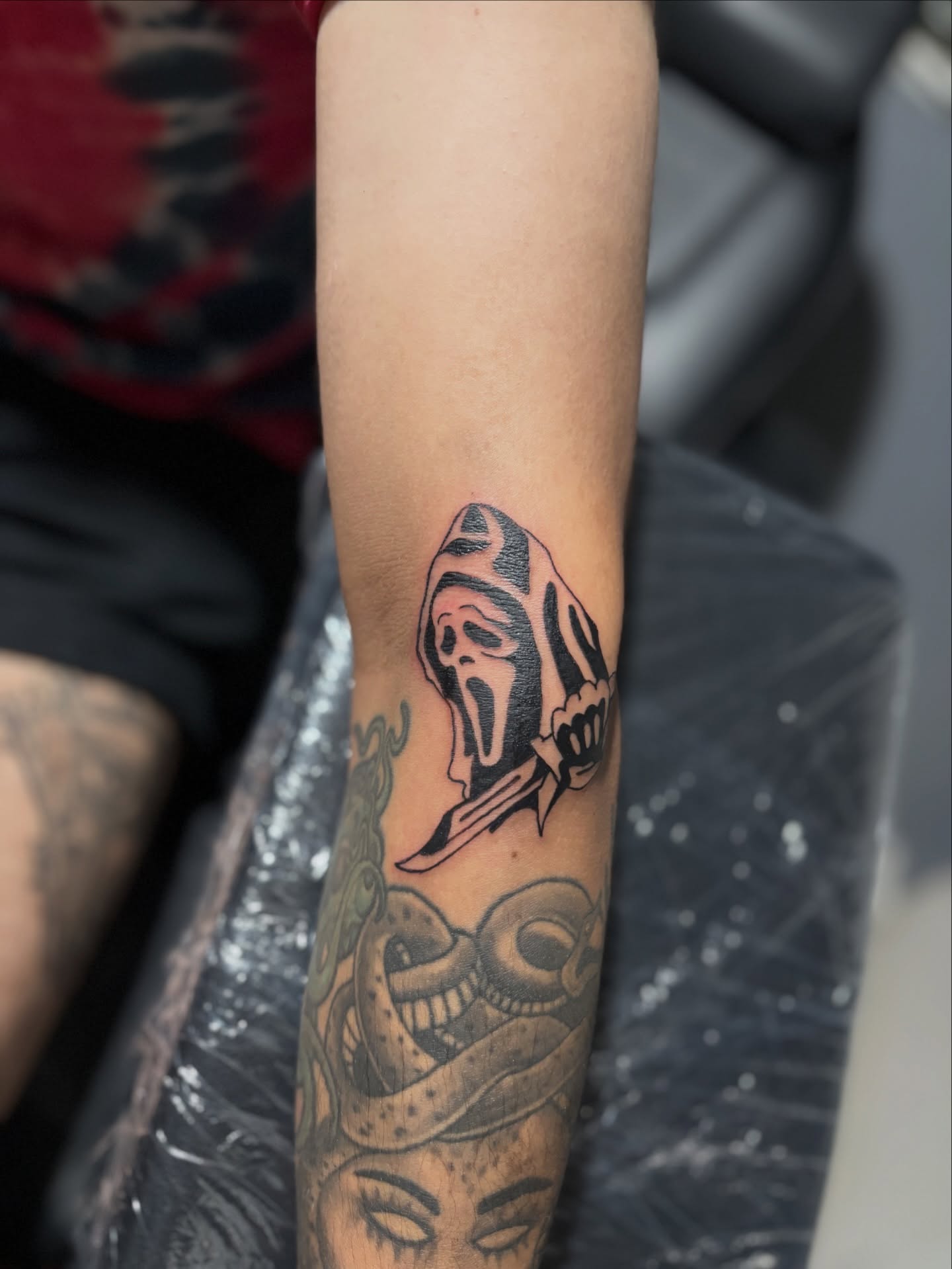 Quick banger from last night this one was fun #scream7 #ghostface #tattoo #explo… — tattoo by Purz One, El Centro, California