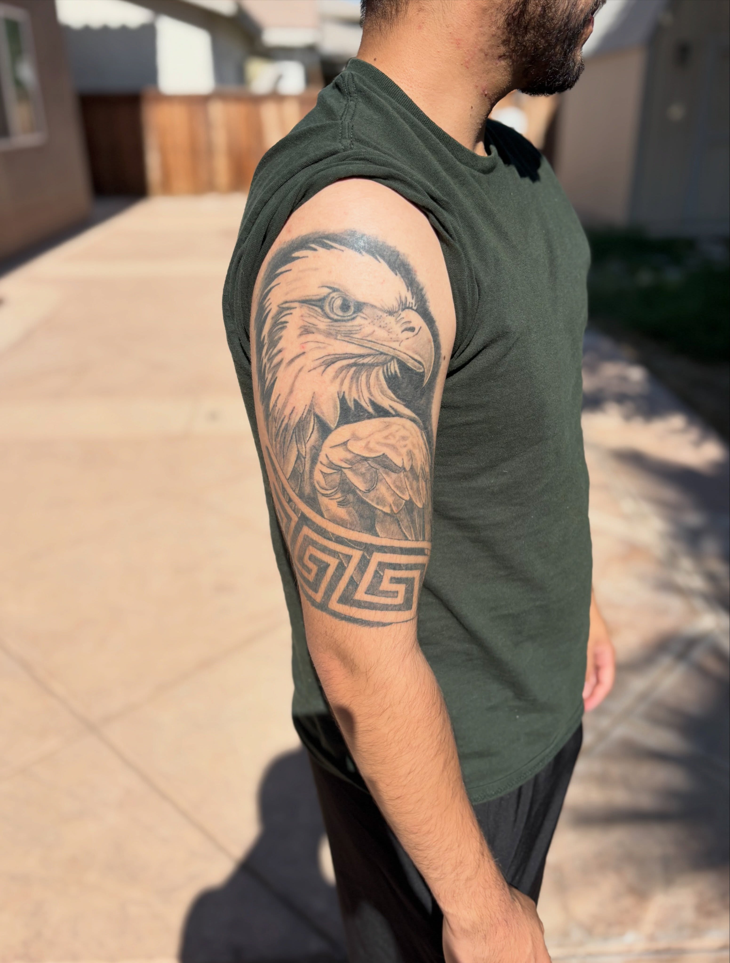 3 months fully healed Eagle with Greek meander I had a lot of fun doing this pie… — tattoo by Purz One, El Centro, California