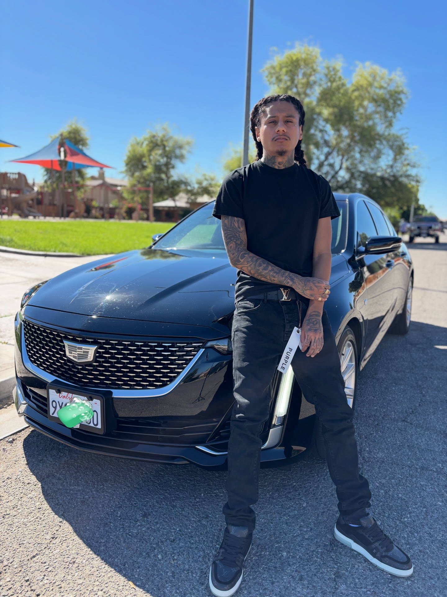 John Gotti car, mops in the yard, shoot for me — tattoo by Purz One, El Centro, California