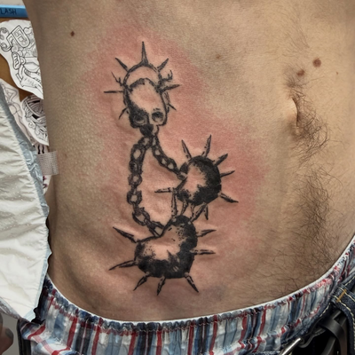 SKULL WITH SHARP BALLS — tattoo by Paulie Smith, Fairless Hills, Pennsylvania