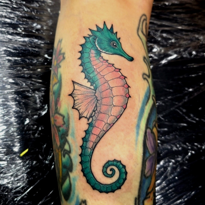 full color seahorse — tattoo by Jas Jimenez, Springfield, Massachusetts