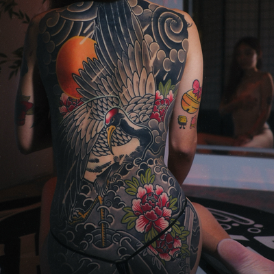 Completed this crane back in 2025. Thank you @isabelgst, looking forward to futu… — tattoo by Linus Lim, Singapore, Singapore