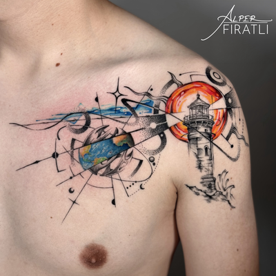 A lighthouse guiding across galaxies 🌍✨
Combining color realism, geometry & abs… — tattoo by Alper FIRATLI, Los Angeles, California