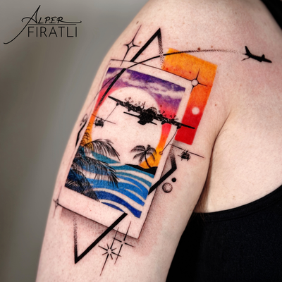 This piece tells a story in flight. One moment captured in a colorful Florida su… — tattoo by Alper FIRATLI, Los Angeles, California