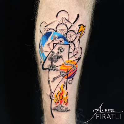 Still dancing while the world burns…
Grateful Dead inspired piece mixed with sac… — tattoo by Alper FIRATLI, Los Angeles, California
