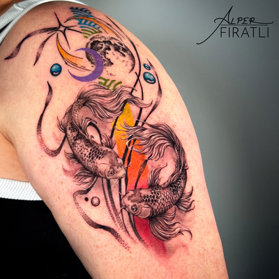 leeve in progress…
Two Koi moving through opposing elements; water and fire, moo… — tattoo by Alper FIRATLI, Los Angeles, California