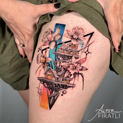 A home built among blooming daffodils, floating somewhere between reality and im… — tattoo by Alper FIRATLI, Santa Monica, CA
