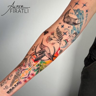 From a tiny old hummingbird and a bee to a full story on the arm.
We kept her or… — tattoo by Alper FIRATLI, Los Angeles, California