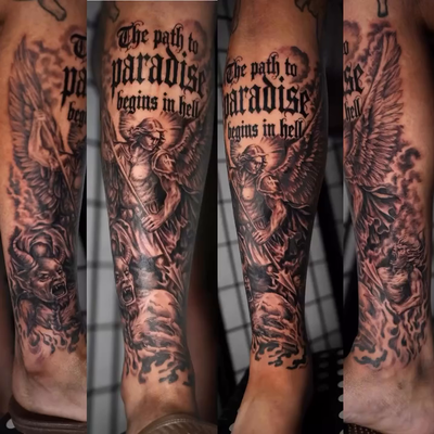 A full black & grey Archangel Michael piece built to tell a story. Strength thro… — tattoo by Heather Baldwin, Aiea , Hawaii 
