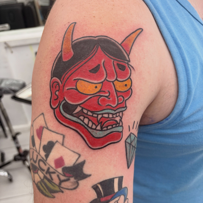 Fun traditional hannya and diamond today . Thanks Jacob ! 

#traditional #tradit… — tattoo by Heather Baldwin, Aiea , Hawaii 