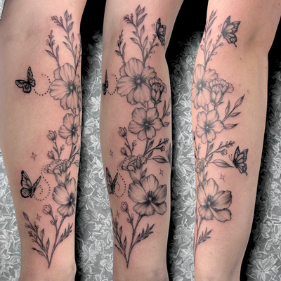 Some Fine Line flowers for Allison. thank you ❤️ it was great working with you. … — tattoo by Heather Baldwin, Aiea , Hawaii 