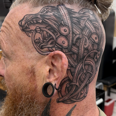 Had the pleasure to create an original Nors Borre style knot work on John’s head… — tattoo by Heather Baldwin, Aiea , Hawaii 