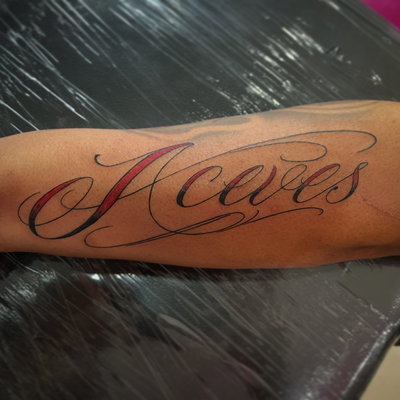 Her last name (Aceves) — tattoo by Jc TheArtist, Downey, California
