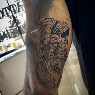 St Michael for the cover up — tattoo by Jc TheArtist, Downey, California