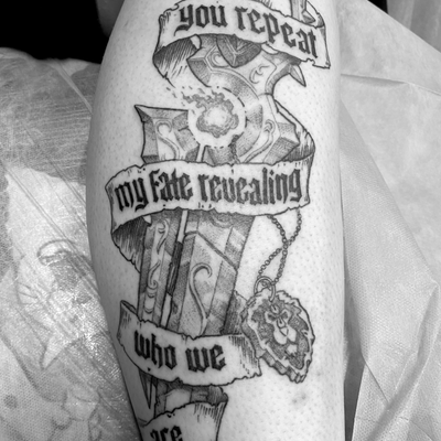 World of Warcraft sword 2026 — tattoo by Sam Robichaud, Los Angeles, California