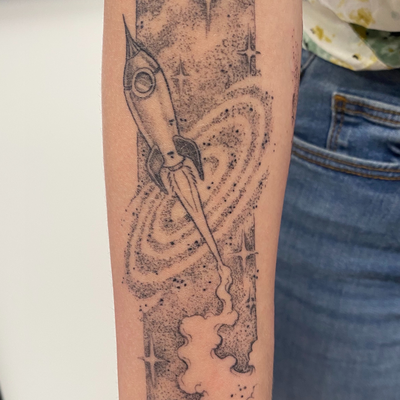 rocket ship from San Diego Tattoo and arts festival 2026 — tattoo by Sam Robichaud, Los Angeles, California