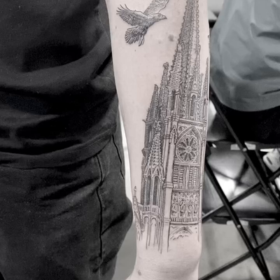 Gothic Cathedral. A first for me #tattoo #tattoos #art #church #ravens — tattoo by Sam Robichaud, Los Angeles, California
