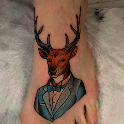 Here’s a buck in a powder blue tux for your viewing pleasure.  Like, comment, fo… — tattoo by Josh Hall, Dallas, Texas