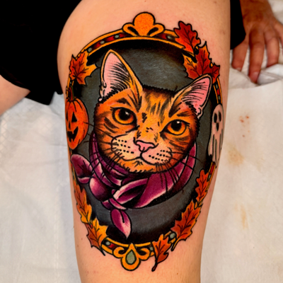 Framed American traditional Halloween cat portrait.  This one was a lot of fun. … — tattoo by Josh Hall, Dallas, Texas