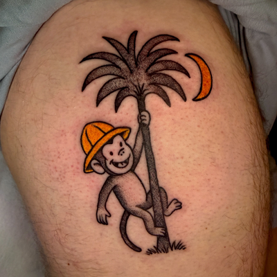 Curious George, Carolina edition. Dad wanted something special for his son who w… — tattoo by Josh Hall, Dallas, Texas