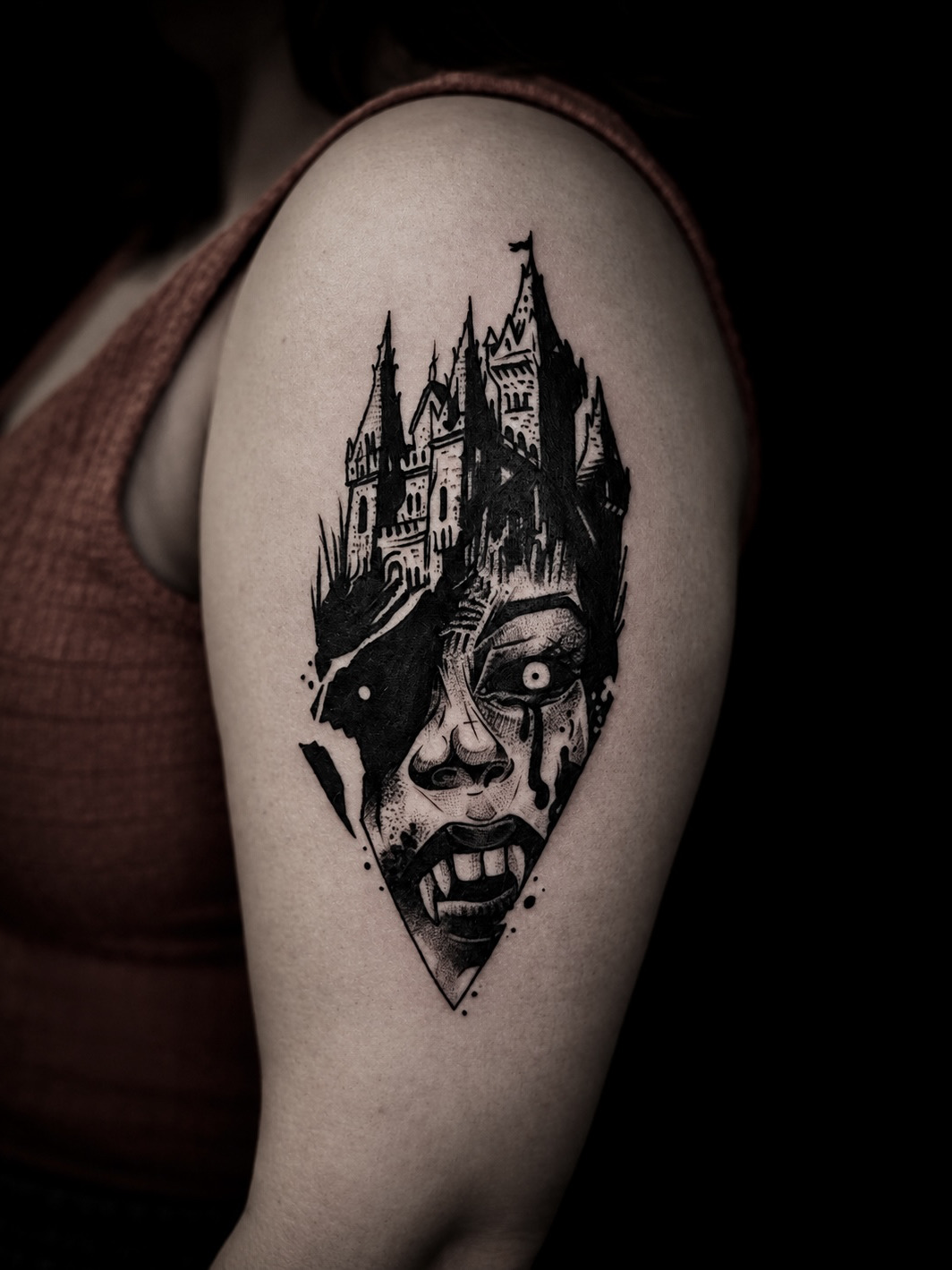 ⚔️ vampire castle 
🖤Books open for San Francisco-DM to book 🌑
✖️#sanfranciscot… — tattoo by Rigers H Strange, San Francisco, California