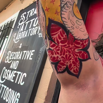 Making progress on Brandie's geo/octopus/cover-up sleeve!! ❤️ — tattoo by Jay'e Jones, Yucca Valley, California